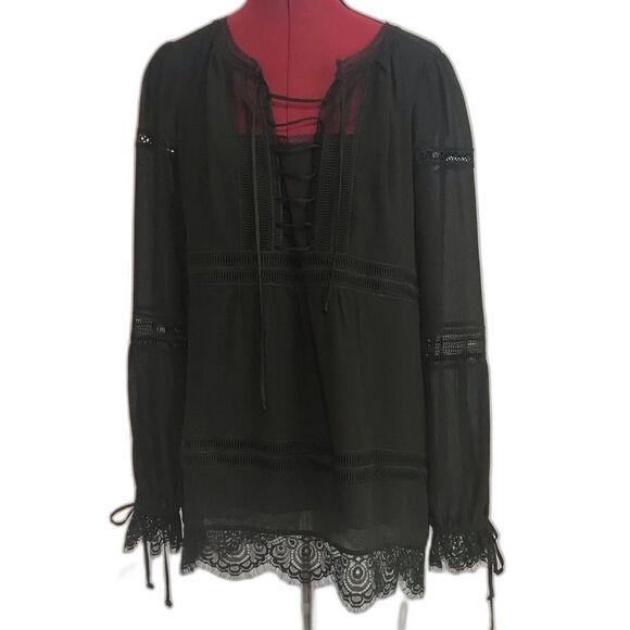 WHBM Karlee Boho Blouse Women's Size 8 Black Lace Trim Lace-Up Front Long Sleeve - Picture 13 of 16